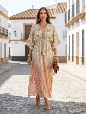 Boho Ombre Maxi Dress in Cream and Peach